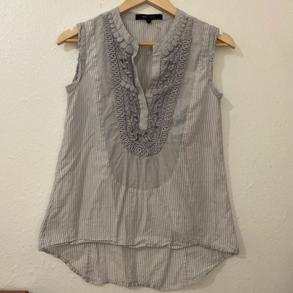 BCBGMaxAzria Gray Ruffled Sleeveless Blouse